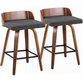 Maya 26" Swivel Counter Stool in Walnut Wood & Charcoal Fabric with Black Footrest (Set of 2)